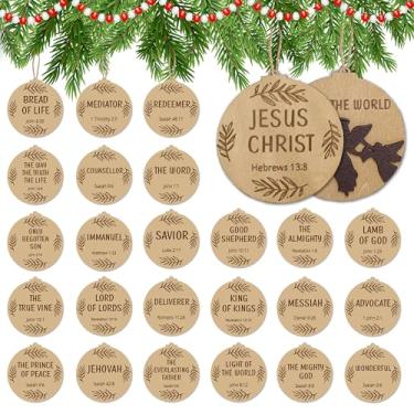 Imagem de 50 peças de enfeites de Natal com nomes de Jesus Cristo, ornamentos religiosos de madeira rústica de 7,6 cm com nomes de salvador e cena de Jesus para presente religioso, árvore de Natal, decoração de