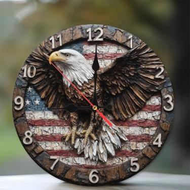 Imagem de Relógio de parede silencioso de madeira de 25 cm, relógio de parede com entalhe de águia americana "Relógio silencioso sem tique-taque, decoração artística de casa