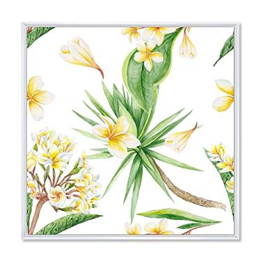 Imagem de DesignQ Folhagem tropical e flores amarelas V - Impressão artística de parede em tela emoldurada moderna