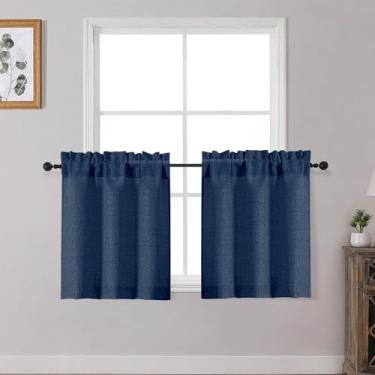 Imagem de OWENIE Cortinas de cozinha azul marinho sobre a pia 61 cm de comprimento, conjunto de 2 painéis, cortinas de café curtas texturizadas com filtragem de luz para janela de banheiro, pequena cortina para