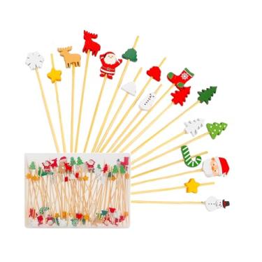 Imagem de 100 peças de palitos de coquetel de Natal de 12 cm, 5 estilos de palitos de bambu para aperitivos, espetos de sobremesa de frutas, palitos de Natal para decorações de festa (tipos de mistura de Natal)