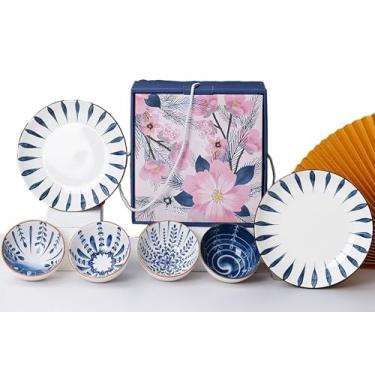 Imagem de iDourer Conjunto de pratos e tigelas de cerâmica, conjunto de louça estilo japonês com caixa de presente - azul e branco - 4 tigelas de arroz e 2 tigelas de macarrão - presentes de cozinha para