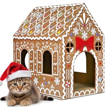 Imagem de Cinrobiye Casa de Natal de papelão para gatos com arranhador para animais de estimação, tábua de gengibre, cama, caverna, casinha de brinquedo, esconderijo, condomínio, decoração de pequenos animais
