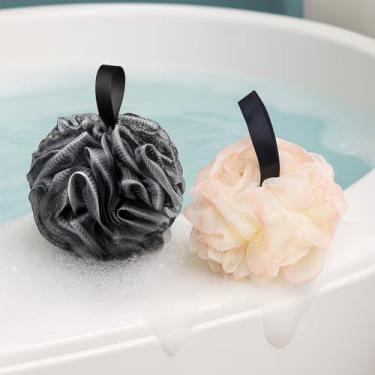 Imagem de 2 esponjas de bucha de chuveiro, esfregão de banho de malha de 50 g para o corpo, esponjas de lavagem esfoliantes de bucha para mulheres e homens, preto + rosa