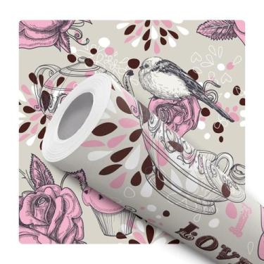 Imagem de Papel de Parede Adesivo Rosa Bege Café Cupcake Bule Pássaro Cozinha Ba