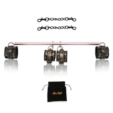 Imagem de Barra Spreader de ouro rosa resistente expansível academia doméstica de aço inoxidável com 4 peças pretas com alça ajustável dourada, kit de auxílio esportivo, kit de auxílio de pilates, kit de