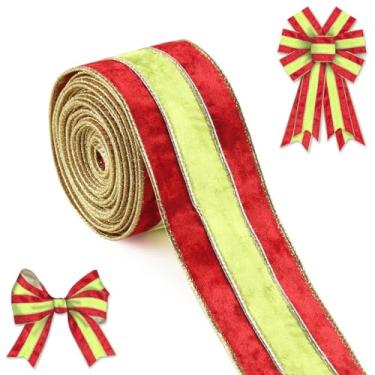 Imagem de Blinket Fita de veludo de Natal para embrulho de presente, 6 cm x 65 m fitas de decoração de listras de veludo vermelho verde para grinalda, fita de artesanato com fio para decoração de árvore de