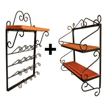 Imagem de Kit Prateleira Porta Condimentos + Porta Copos De Parede - Estilo Rúst