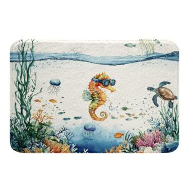 Imagem de Erosebridal Tapete de banho engraçado cavalo marinho, tartaruga, água-viva, litoral, exterior, 40,6 cm x 61 cm, tapete de área do oceano azul, tapetes de cozinha de algas marinhas corais, criatura