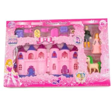 Imagem de Castelo Princesa Musical Infantil, Rosa, Plástico Atóxico, 14x22cm, com Bonecas, Príncipe, Cavalo e Móveis, para Crianças Acima de 3 Anos