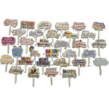 Imagem de Pacote com 20, enfeites de bolo de aniversário, artigos decorativos de festa com várias mensagens de feliz aniversário, palitos coloridos de celebração