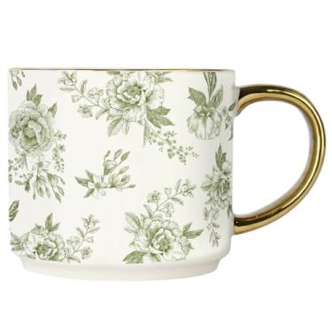Imagem de Sweet Water Decor Caneca de café verde Delft, design floral verde vintage com alça e aro dourados, xícara de chá de porcelana fina de 400 ml, presentes fofos para o dia das mães, chá de bebê, Natal e