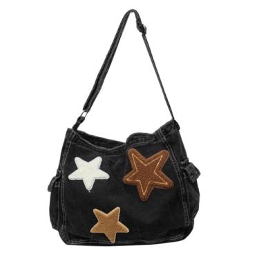 Imagem de Bolsa mensageiro jeans vintage Star, bolsa tiracolo estética Y2K para mulheres e homens, bolsa Hobo retrô casual para viagens, férias e trabalho, Preto, 14.5 X 3.5 X 12.9 inch