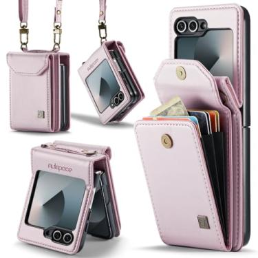 Imagem de XKchatpt Capa para Samsung Galaxy Z Flip 6, carteira transversal com suporte para cartão com bloqueio de RFID, alça de couro PU, capa protetora à prova de choque para Samsung Galaxy Z Flip 6 (rosa)