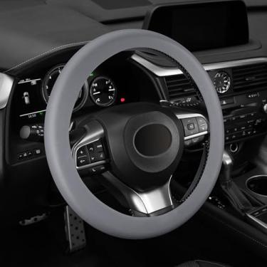 Imagem de alpmosn Capa de volante de silicone antiderrapante, capa protetora de silicone macio para rodas de 35,5 cm/38,5 cm, acessórios interiores de carro (cinza)