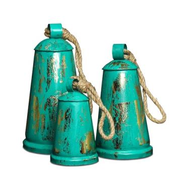 Imagem de Conjunto de 3 sinos de metal rústicos de fazenda, sinos envelhecidos azul-petróleo com corda de juta para decoração de pendurar (azul rústico), Natal, Ano Novo, Ação de Graças