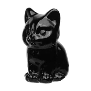 Imagem de TUMBEELLUWA Natural Black Obsidian Crystal Cat Figurine for Home Decor, Hand Carved Animal Sculpture Realistic Kitten Statue for Shelf Office Desk Ornament
