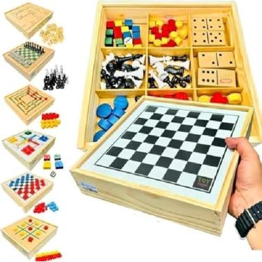 Imagem de Jogo de Tabuleiro Padrão 6x1 Dama, Jogo Da Velha, Ludo, Trilha, Dominó e Xadrez 6 em 1 Jogos de Tabuleiro Jogo de Mesa Completo Madeira de Reflorestamento - 20 x 20 Cm