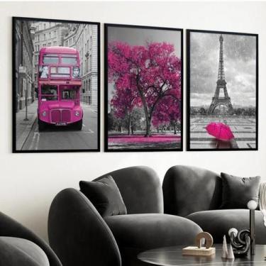 Imagem de Kit 3 Quadros Foto Rosa -Paris Londres Árvore 45X34Cm -Vidro - Quadros