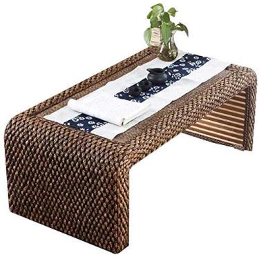 Imagem de Mesa de centro mesa lateral mesa de chá zen estilo japonês rattan tatami mesa de centro simples mesa de varanda mesa de janela tecida à mão (cor: cor de madeira tamanho: 60 45 30 cm)