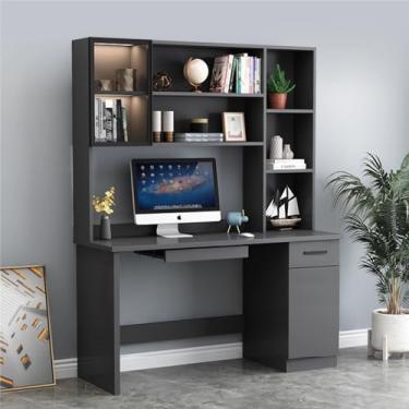 Imagem de ZDJZMGZ Mesa de computador, mesa de estudo, estação de trabalho de madeira para escritório, mesa de computador portátil com prateleira de gaveta