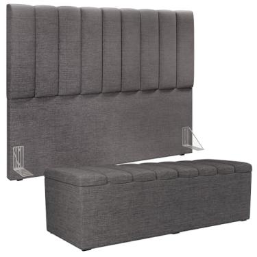Imagem de Kit Cabeceira Cama Box Queen 160cm Calçadeira Baú Dália W01 Linho Cinza Escuro - Lyam Decor