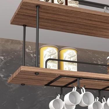 Imagem de Prateleira de vinho de teto, prateleira suspensa com guardrail - suporte de armazenamento de exibição de parede de 2 camadas, suporte de garrafa de vinho de metal para decoração de casa, restaurante