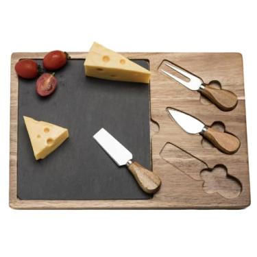 Imagem de ZABEES Conjunto de tábua de queijo, madeira de acácia com faca de queijo, tábua de corte de madeira de ardósia preta, tábuas de charcutaria, bandejas de queijo grandes para servidores
