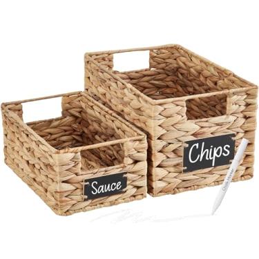 Imagem de DECOMOMO Cestas de armazenamento de jacinto de água aninhadas para prateleiras, cesta de presente vazia, organizadores de despensa, armário, brinquedos, livros (conjunto de 2)