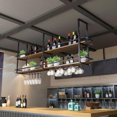 Imagem de Prateleira de vinho de teto - Suporte de copo de vinho suspenso, rack de garrafa de barra de madeira de ferro maciço, rack de exibição de utensílios de cozinha multifuncional, suporte de plantas com