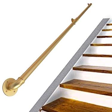 Imagem de Corrimão de escada - kit completo, corrimão de tubo dourado industrial de escada com suporte de montagem na parede, casa contra a parede, grades internas e externas para idosos (tamanho: 2,1 m)