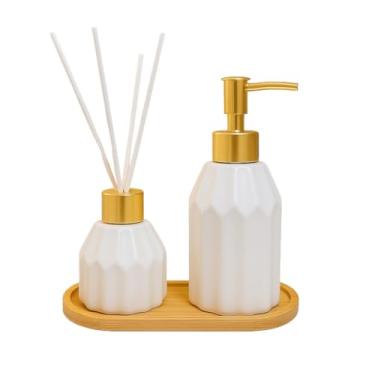 Imagem de Kit Banheiro de Cerâmica 2 Peças – Dispenser Porta Sabonete Líquido e Porta Escova de Dente | Ideal para Lavabo e Decoração Elegante(BRANCO ELIPSE)