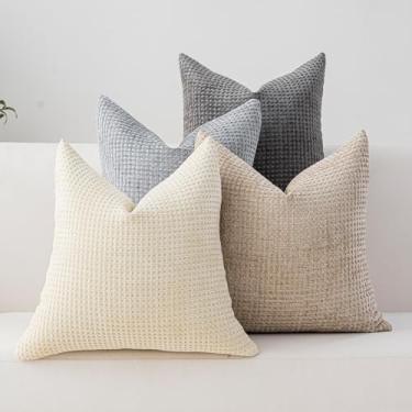 Imagem de Cushonix Pacote com 4 capas de almofada 50,8 x 50,8 cm bege cinza escuro Boho capas de almofada decorativas para sofá-cama, sofá, sala de estar, decoração de casa, fronha quadrada macia