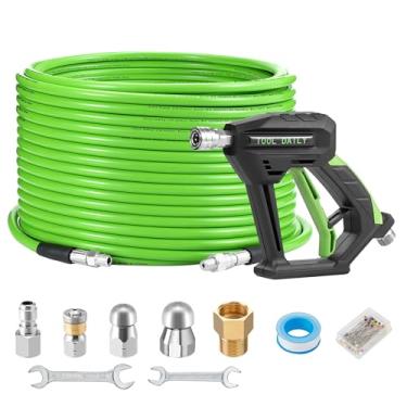 Imagem de Tool Daily Kit de jateador de esgoto para lavadora de alta pressão 300 pés, pistola de lavadora de energia curta, mangueira de limpeza de dreno 1/4 polegada NPT, canto, bocal giratório e de botão para