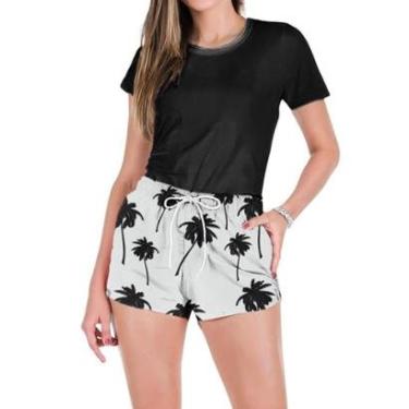 Imagem de Conjunto Feminino Verão Moda Praia Camiseta Algodão + Short Tactel Coqueiro-Feminino