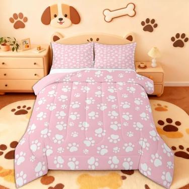 Imagem de Feelyou Conjunto de edredom rosa com pata de cachorro para todas as estações, conjunto de cama com 2 fronhas, desenho de microfibra fofa, para decoração de quarto, edredom respirável, macio e leve