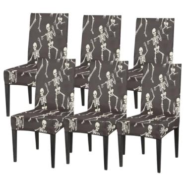 Imagem de hongjinglin Conjunto de 6 capas elásticas para cadeira de sala de jantar, capa protetora de assento de cadeira, esqueleto, engraçada, removível, lavável, para cozinha, casa, hotel, banquete, festa de