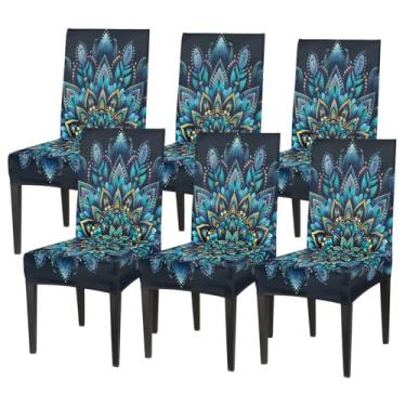 Imagem de hongjinglin Conjunto de 6 capas elásticas para cadeira de sala de jantar, capa protetora de assento étnica, mandala, sonho, lavável, removível, para cozinha, casa, hotel, banquete, festa de casamento