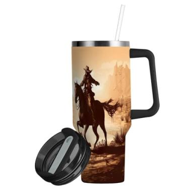 Imagem de ATTX Copo caubói americano de 850 g com alça, copo de aço inoxidável a vácuo de parede dupla com palha, caneca de café de viagem isolada #705