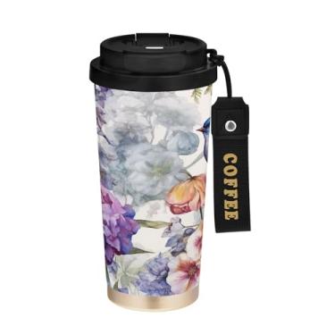 Imagem de SEHANY Caneca de café de viagem Flores e pássaros de 482 g com tampa revestida de cerâmica e à prova de vazamento, parede dupla, copo de aço inoxidável isolado a vácuo para bebidas quentes e frias