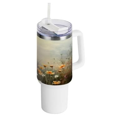 Imagem de xigua Copo vintage de flores silvestres de 1,134 g com alça e canudo, aço inoxidável duplo isolado a vácuo garrafa de água suporte de copo de garrafa de água amigável à prova de vazamento copo de