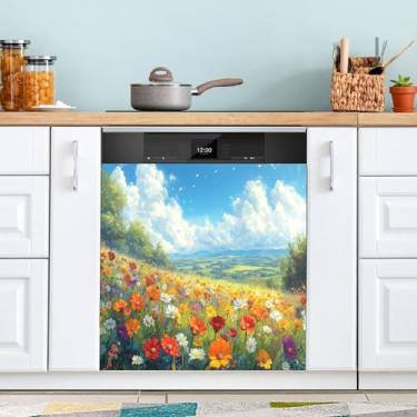 Imagem de ATTX Flores silvestres pintura a óleo capa ímã máquina de lavar louça, 58.4 cm C x 66.0 cm A decoração frontal da capa da máquina de lavar louça, decalques de armário doméstico eletrodomésticos