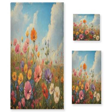 Imagem de ATTX Conjunto de toalhas de banho com pintura a óleo de flores silvestres de 3 peças - Ultra macio e de secagem rápida, toalhas de mão absorventes de grau de hotel e spa para banheiro #324