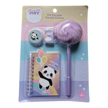 Imagem de Kit Escolar Unicórnio e Panda Fofy 4 Peças com Caneta Pompom Cor:Panda