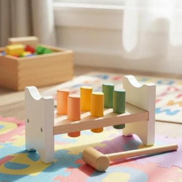 Imagem de Brinquedo MDF Bate Pinos com Martelo Pedagógico Montessoriano Educativ
