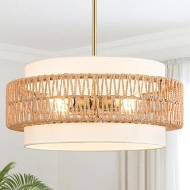 Imagem de Outiron Lustre Boho De Rattan 19,7", Luminária Pendente Grande 4 Luzes Com Cúpula Tecido, Teto Em Formato Tambor Para Sala Jantar, Estar, Cozinha Ilha, Corredor, Hall Entrada