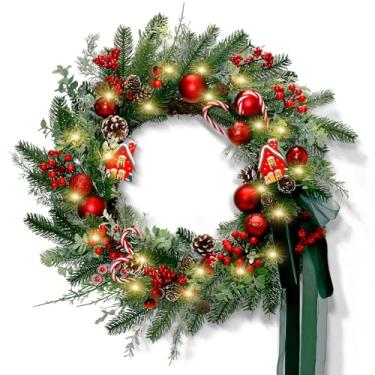 Imagem de Guirlanda de Natal para porta da frente, decoração de guirlanda de porta de Natal com enfeites de bola, doces vermelhos e brancos, pinhas e laço, decoração de férias