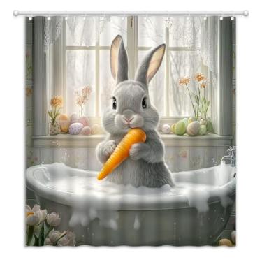 Imagem de YOZSLGU Cortina de chuveiro coelhinho fofo Páscoa coelho engraçado na banheira tecido fazenda decoração de banheiro cortinas com ganchos, 177,8 cm L x 180 cm A