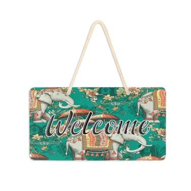 Imagem de Burbuja Placa de boas-vindas ornamental de elefantes para porta da frente, placa de boas-vindas de PVC para pendurar na parede varanda casa de fazenda, decoração de feriados, 15 x 28 cm