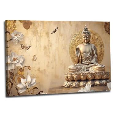 Imagem de Arte de parede em tela de Buda Zen dourado estátua de Buda impressões de pôster de Buda com lótus para decoração de meditação emoldurado (Buda - 4,12 x 18 polegadas (30 x 45 cm))